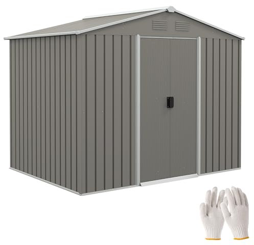 Outsunny 7.7 x 5.7ft Metal Garden Shed with Ventilation Slots and Sliding Doors, Galvanised Outdoor Tool Storage House, Light Grey