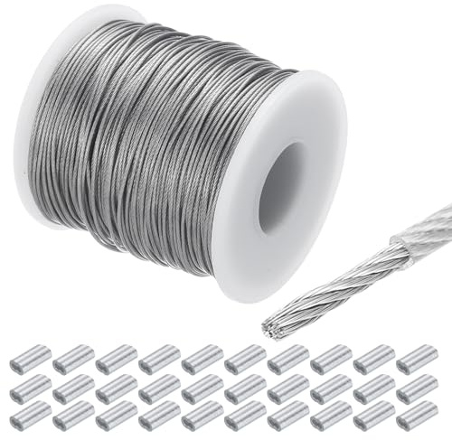 QUARKZMAN 100m Cable de Acero Inoxidable 304, 1.2mm OD Alambre Cuerda Carrete Kit con 30pcs Doble Orificio Aluminio Manga PVC Recubierto para Cuerda Tendedero Suspensión Planta, Transparente