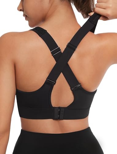 Yvette Verstellbar Sport BH mit Haken & Öse BügellosGepolstert für Gym Yoga Alltags,Schwarz,L