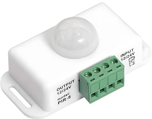 Clearhill 1 interruptor de sensor de movimiento PIR de 12 V-24 V, controlador de luz LED infrarroja para tiras, temporizador ajustable (1-10 minutos), detección de 120°, rango de 8 m (blanco)