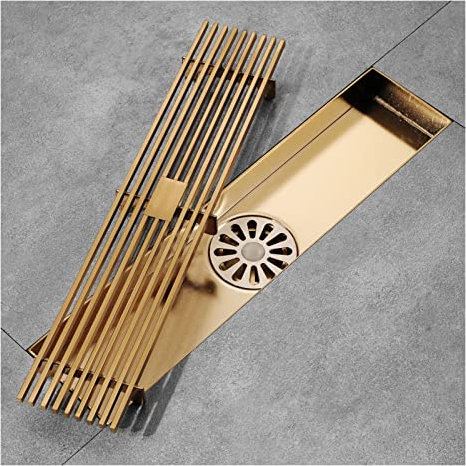 GODFSAHG Linearer Duschablauf, 11,8/23,6 Zoll Bodenablauf 304 Edelstahl Rechteckiger Linearablauf Mit Haarfänger Duschablauf, Hoher Durchfluss, Gebürstetes Gold,30CM