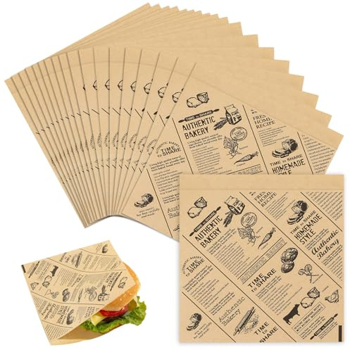 Hurifeng 200 st. 15 x 15 cm hamburgare & smörgås förpackningspapper – fett- och vattenbeständig, vintage tidningspapperdesign, livsmedelssäker, perfekt för hamburgare, pommes, smörgåsar, snacks