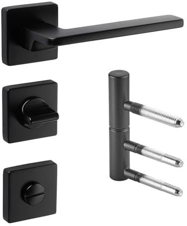 SOTECH Ensemble de poignées de porte Ensemble WC de salle de bain ADAMO noir + charnières de porte en acier 2 pièces Ø 15 mm avec palier lisse en nylon jusqu'à 60 kg de capacité de charge -