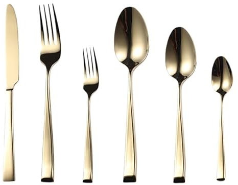 Ménagère en Acier Inoxydable 304, 6/24/36/48 pièces, avec Couteau à Steak, Fourchette et cuillère (doré, 1 Lot de 6 pièces)