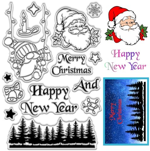 CRASPIRE Christmas Clear Stamps Santa Claus Pine Tree Forest Gnome Elf Merry Christmas Transparent Reusable Silicone Rubber Stamps Seal for Holiday DIY Card Making Scrapbooking Photo Albums Decor