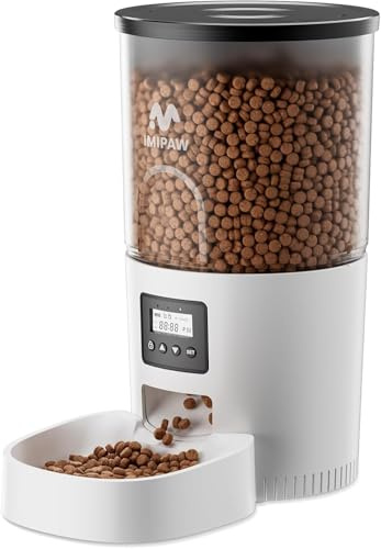 IMIPAW Distributore Automatico Cibo Gatti, Dispenser Cibo Gatti con Timer | Programmabile,1-6 Pasti al Giorno, per Animali Di Piccola e Media Taglia (Bianco, 5L)