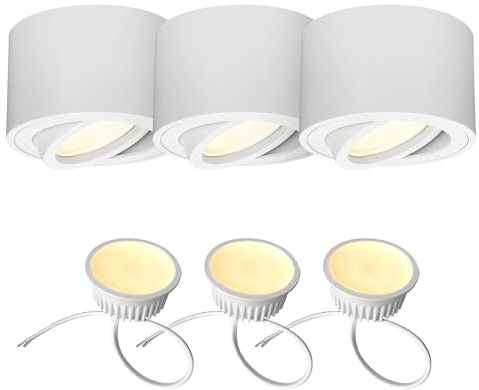 EDO 3 Stück LED Aufbauspots Weiß ZALDA OV Runde, Extra Flach Schwenkbar Deckenleuchte, Deckenspots - Ø80*50mm mit 4,8W LED Modul 230V 3000K Warmweiß, Deckenstrahler, Aufbaustrahler Aufputz