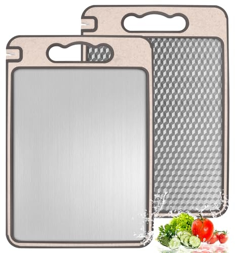 2er Set Küchenschneidebrett aus Edelstahl & Weizenstroh, 36,5 x 24,8 cm – doppelseitig, antibakteriell & rutschfest, mit integriertem Messerschärfer & Saftrille für Fleisch, Fisch & Gemüse
