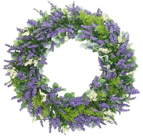 40cm Künstlicher Festkranz aus Kunststoff Lavendel für Haustür | Violett, als Wanddekoration und Schaufensterdeko, mit Hängendem Mittelakzent, Schlichtes Design