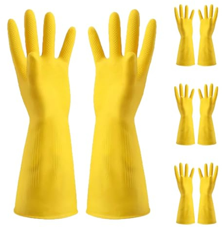 Henyall 4 Pairs Large Rubber Gloves, Thickened Household & Washing Up Gloves, Non-Slip Grip Waterproof Cleaning Gloves for Kitchen Dishwashing & Bathroom (Yellow, L)