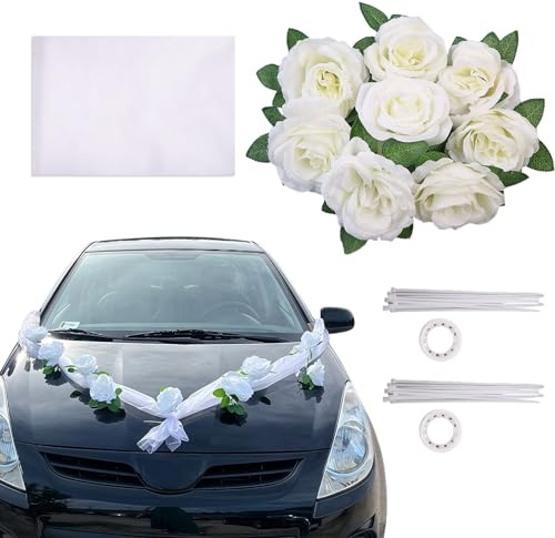 LUMOOM Autoschmuck Hochzeit Motorhaube, Car Wedding Girlande, Auto Blumenschmuck mit 9 Rosen & Tüll, Auto Schmuck mit Saugnäpfen & Bändern