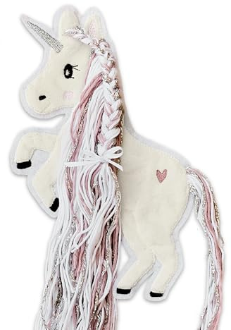 Applikation Einhorn mit Wollmähne Altrosa Rosa Silber Aufbügler für DIY Schultüte Zuckertüte Bügelbild Patch Bügelpatch Pferd weiß Glitzer (Groß (12x19 cm))