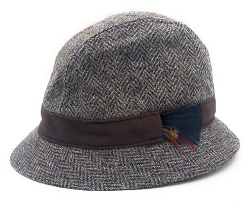 SCOTTISH ESSENCE Authentic Harris Tweed Brown Herringbone Trilby Hat with Moleskin Band, Made in UK (UK, Alpha, S)