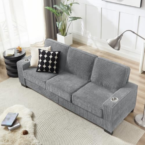 Atenza Sofa 3-Sitzer Cordstoff, 206 cm Couch mit Getränkehaltern | Weiche Cord-Rippenstruktur, mittelweicher Sitzkomfort, breite Armlehnen, für Wohnbereich, Schlafzimmer & Büro