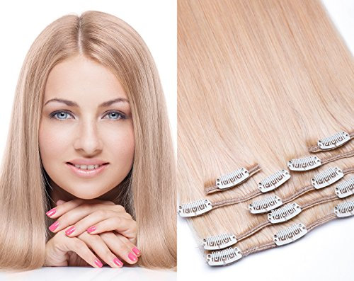 Echthaar Clip In Extensions Set 100% indisches Remy Echthaar 7 teilig / 7 Tressen hochwertige Haarverlängerung 45cm Clip-In Hair Extension Farbe (Nr. 24 Mittelblond)