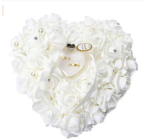 GOTOTOP Romantische Rosen Herzform Ringkissen Hochzeit Gastgeschenk Schmuckschatulle mit eleganten Satin Diamanten Perle, ringkissen chzeit, dding Ring Pillow WHI