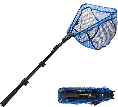 SANLIKE Fishing Landing Net Blue Extend to 43 in with Telescoping Pole Handle, Fiberglass Net for Easy Catch Release,Rubber Coated Landing Net for Easy Catch Release
