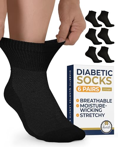 Pembrook® Black Diabetic Socks for Men & Women | 6 Pairs | Ankle Wide Stretch Top Mens Diabetic Socks for Men 9-12 | Moisture Wicking | Neuropathy