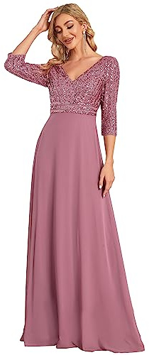 Ever-Pretty Vestido de Fiesta para Mujer Lentejuelas Manga Larga A-línea Escote en V Imperio Elegant Orquídea 36