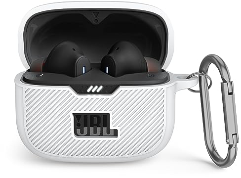 MOWYEOK Silikon Hülle kompatibel mit JBL Tune 230NC TWS, Tragbare Kratz und stoßfeste Silikonhülle, Front LED sichtbar, für JBL Tune 230NC Gehäusezubehör, mit Karabiner - Weiss