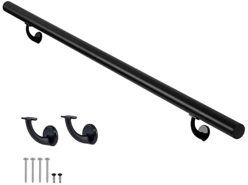 PICESA 2 FT Modern Aluminum Handrail Set, handrails for Indoor Stairs,Deck,Slope, wall Mounted Staircase handrails, Zink Alloy Brackets Included,Rust Free. (Matte Black, 2 FT)