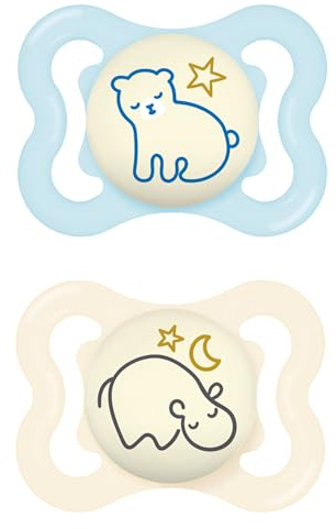 MAM Supreme Night Schnuller im 2er-Set, leuchtender Babyschnuller für eine gesunde Zahn- und Kieferentwicklung, beugt Hautreizungen vor, mit Schnullerbox, 0-6 Monate, Bär/Nilpferd