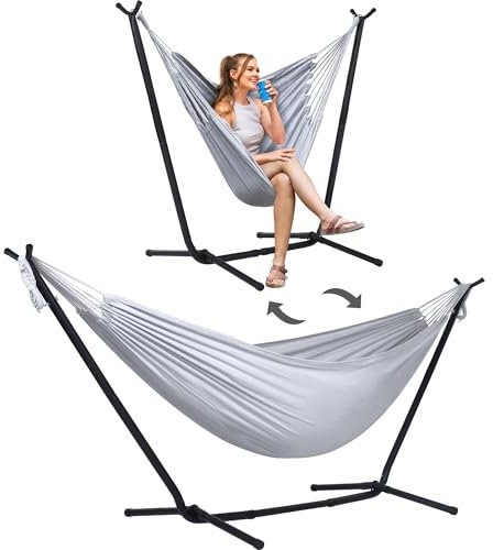SUNCREAT 2-in-1 wandelbare extra große Hängematten mit Ständer, robuste 2-Personen-Hängematte für draußen mit Ständer, patentiert, hellgrau
