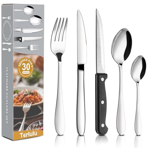 Terlulu 30 Piece Cutlery Sets with 6 Piece Steak Knives, Stainless Steel Silver Cutlery Flatware Set, Dinnerware Fork Knife Spoon Set Service for 6, Mirror Finished & Dishwasher Safe