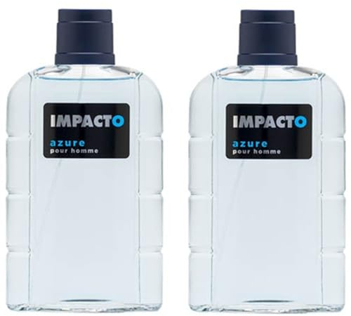 IMPACTO - Azure Pack de 2 x 200 ml, Agua de Colonia Hombre, Perfume Formato Spray, Eau de Toilette Natural y Masculina, Aroma Amaderado, Fragancia Fresca, Atrayente y de Larga Duración