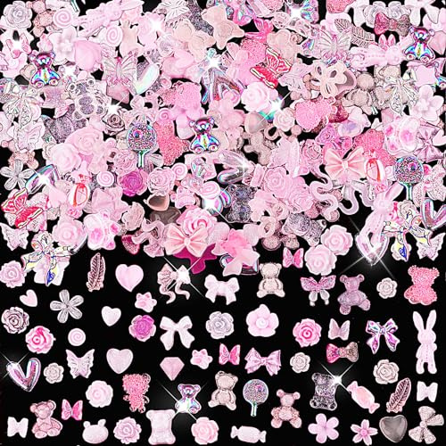 300 Pezzi Charm Unghie Accessori per Nail Art 3D Nail Charms Fiocco Ciondolo per Unghie Rosa Stile Misto Fiocco Fiore Cuore Decorazione per Nail Art Artigianato Fai-da-te Nail Art Design