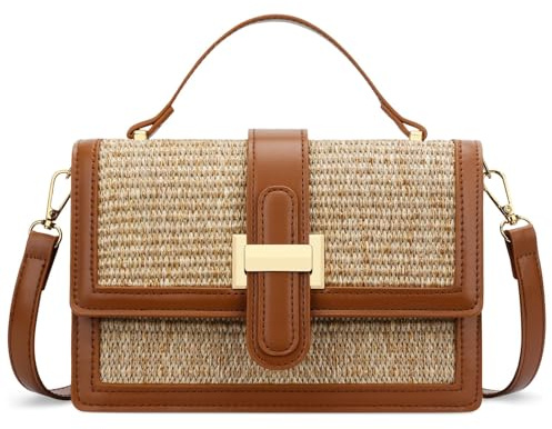 KKXIU Top Handle Straw Purse for Women, Summer Straw Crossbody Bag, Handbag Shoulder Clutch Beach Vacation Bag (A-Brown)