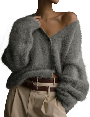 COZYPOIN Damen Strickmantel aus Mohair, vorne offen, Knopfleiste, V-Ausschnitt, Lange Ärmel, lockere Schulterpartie, GRAU, Groß