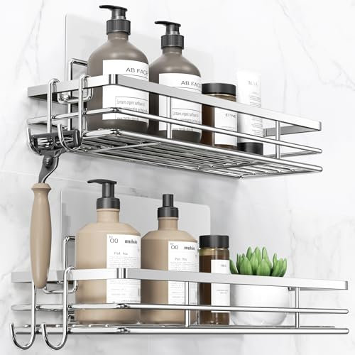 pickpiff Duschablage Ohne Bohren SUS304 Edelstahl 2 Stück Duschregal mit 2 Haken Badregal Bathroom Organizer Shampoo Halterung Für Dusche Selbstklebend