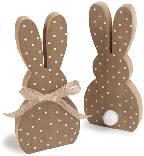 youngfocus Lot de 2 figurines de lapin en bois - 17 cm - Décoration de Pâques - En bois naturel - À poser - Pour Pâques - Marron