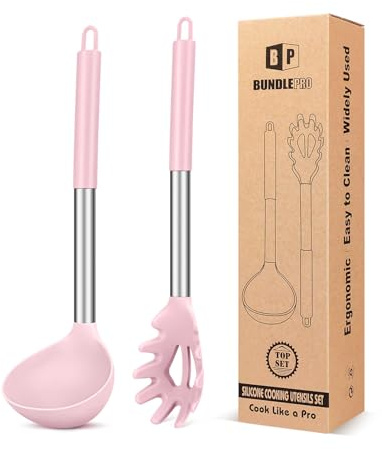 BUNDLEPRO Silicone Pasta Fork and Soup Ladle Spoon Set, 2 Pack, Pink | Large Non Stick, High Heat Resistant Kitchen Utensils for Cooking,Stirring,Serving Spaghetti, Soup, Sauce