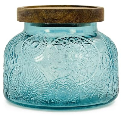 LINGSHINE Tarro de almacenamiento decorativo de vidrio azul de 750ml con tapa hermética de madera, recipiente de cocina para café, azúcar, té, galletas, dulces, harina, golosinas para mascotas |