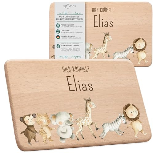 KIDSMOOD - Frühstücksbrettchen – Holzbrettchen mit Wunschnamen & süßem Motiv, Perfekt als personalisiertes Geschenk zur Taufe, Geburt oder für Kinder & Erwachsene - Dschungeltiere