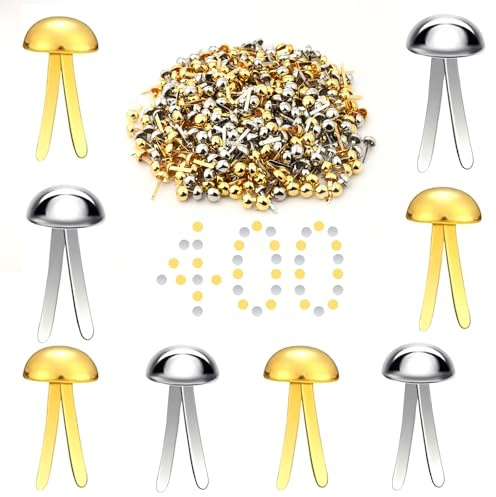 Pack of 200 Paper Closures, 8 mm x 19 mm Metal Colourful Brads, Decorative Pattern Bag Clips, Round Scrapbooking, Plated Round Head Clips, Mini Stamp Brads for School, Office, Crafts, Gold, Silver