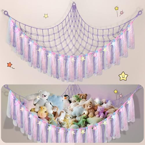 Lunriwis Kuscheltier Aufbewahrung Netz mit LED-Leuchten, Boho Makramee Spielzeug kinderzimmer deko, StofftieStofftier Aufbewahrungstasche Hängematte Aufbewahrung Kuscheltiere Lila