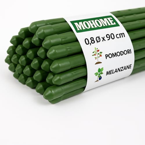 MOHOME Bastoncini Supporto Piante Rampicanti Set 10 Cannette Acciaio Plastificato Bastone 0,8 Ø x 90 cm Tutore Verde Giardino Orto Pomodori Melenzane