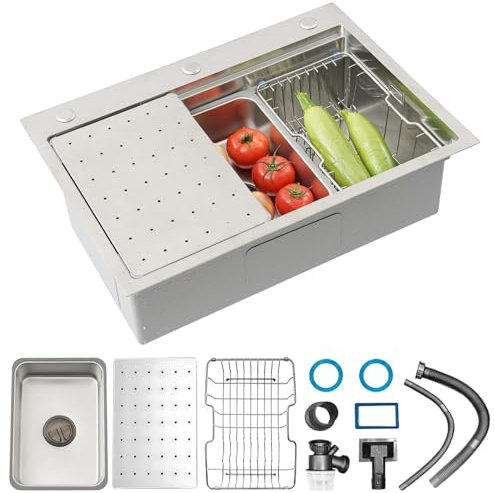 Fregadero Acero Inoxidable brushed,70 x 50cm pila Cocina Grande Acero 1 Seno, Fregadero Bajo Encimera o Sobre Encimera,con Sifón, Escurridor, Dispensador de jabón