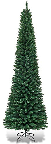 COSTWAY 270cm Árbol de Navidad Verde, 1500 Ramas de Agujas en PVC, Estructura con Bisagras y Base de Metal, Árbol de Navidad Slim/Estrecho, Arboles de Navidad Delgados Casa Tiendas (270cm)