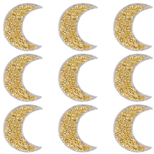 CABODYALS 10 Stück Goldfarbene Strass Mond Stickapplikation Zum Aufnähen Himmlisches Aufbügeln Aufkleber Kristall Stickerei Transfer Reparaturabzeichen Zum Nähen Basteln Taschen Jeans Kleidung Weihnac