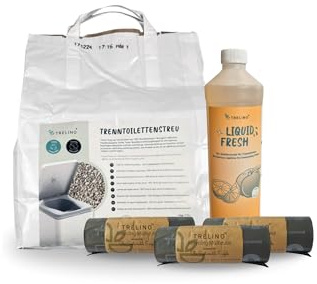 TRELINO Duftkontroll-Set, Campingtoiletten Zubehör, Streu für Trenntoiletten 7L, Liquid Fresh Sanitärzusatz, und 3X Recycling Beutel