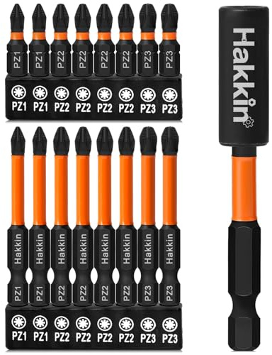 Hakkin 17pcs PZ1 PZ2 PZ3 Magnetic Impact Screwdriver Driver Bits Set | S2 Steel Pozi Pozidriv Heavy Duty Drive Bit | 60mm 25mm Cross Screw with 75mm Bit Extension Holder