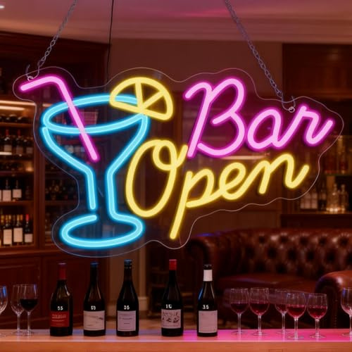 Cartel de neón abierto de bar, 44 x 30 cm, cartel luminoso de cóctel para pared, regulable con funcionamiento por USB, LED Neon Bar Sign, Cócteles LED Neón Cartel para bares, Café Cafe Club Store