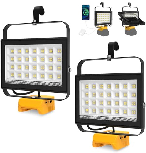 Foco LED Recargable Compatible con Dewalt Batería 18V, T-SUNUS 100W Luces de Trabajo Portátiles 2 Brillos, USB-C Recargable para Acampar Garaje Emergencia Obra 2 Piezas(Sin Batería)