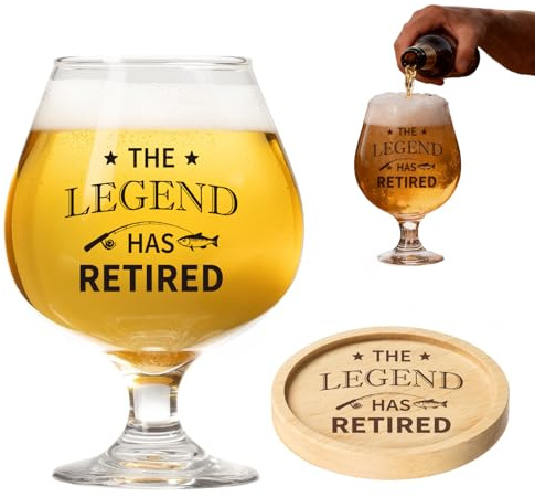 SimingZric Retirement Gifts for Men- 510ml Funny The Legend Has Retired Beer Glass with Coaster Retirement Gifts Novel Funny Retirement Gifts for Men Retirement Cards for Men Matching Present