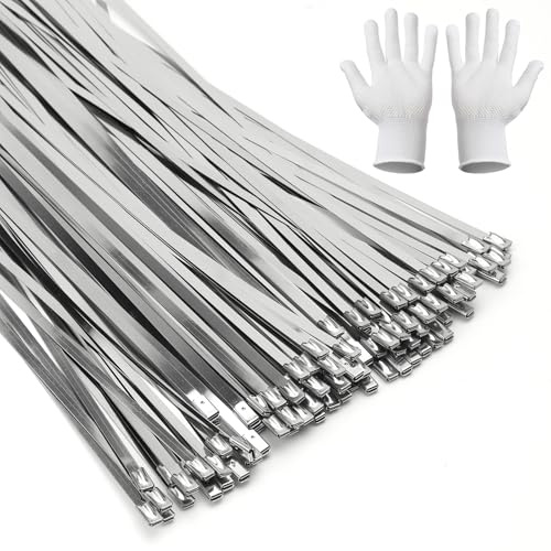 XRVRILE 100 Stück Edelstahl Kabelbinder, 300 x 4,6 mm Silber Selbstsichernde Metallbinder Edelstahlbinder aus Edelstahl 304, Maschendrahtzaunbinder für Auspuffaufwicklung Kabelbündelung Gartenpflege