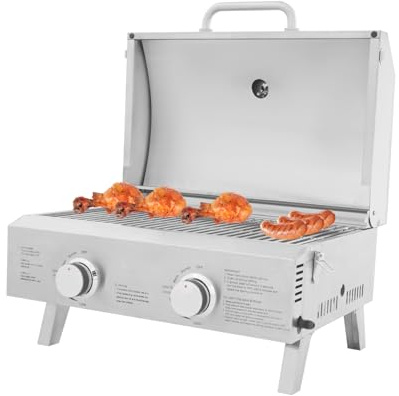 Gasgrill med 2 brännare och pizzasten, 56 x 45 cm bordsgasgrill rostfritt stål piezo tändning för balkong terrass camping trädgårdsfest, biffgrill vikbar transportabel